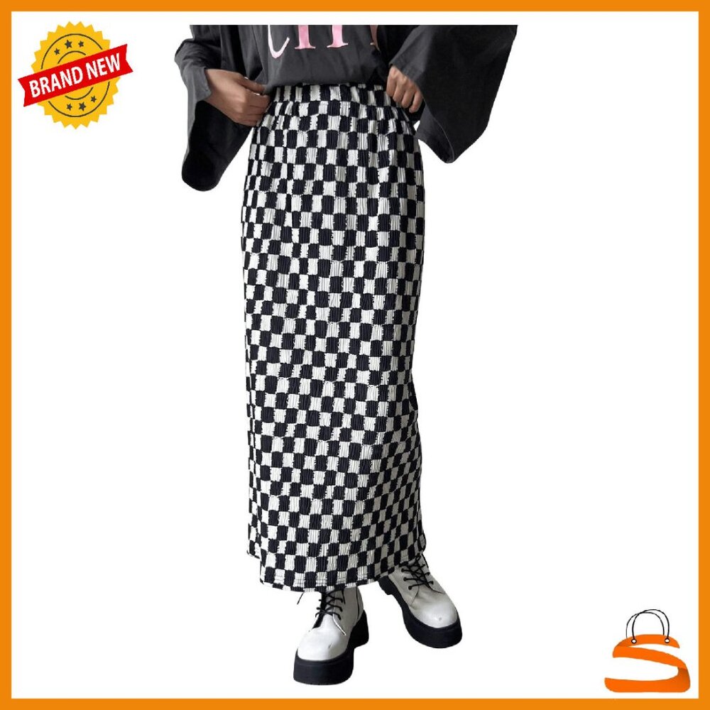 Elastic Waist Plaid Skirt Long Straight Slit Hem Women's - Picture 1 of 7